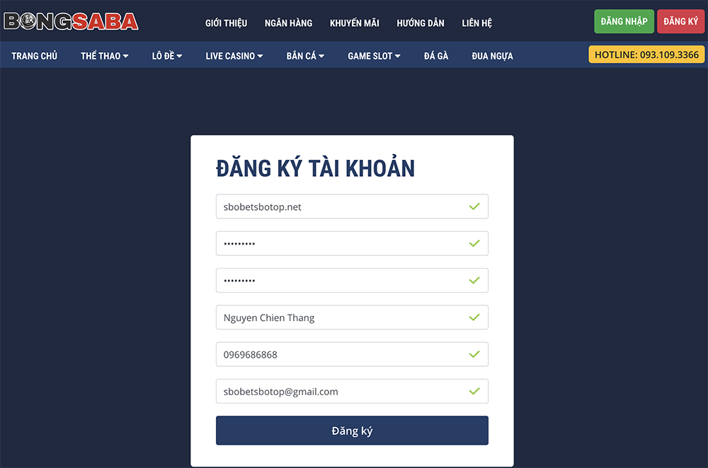 Điền thông tin để tạo tài khoản Sbobet Sbotop